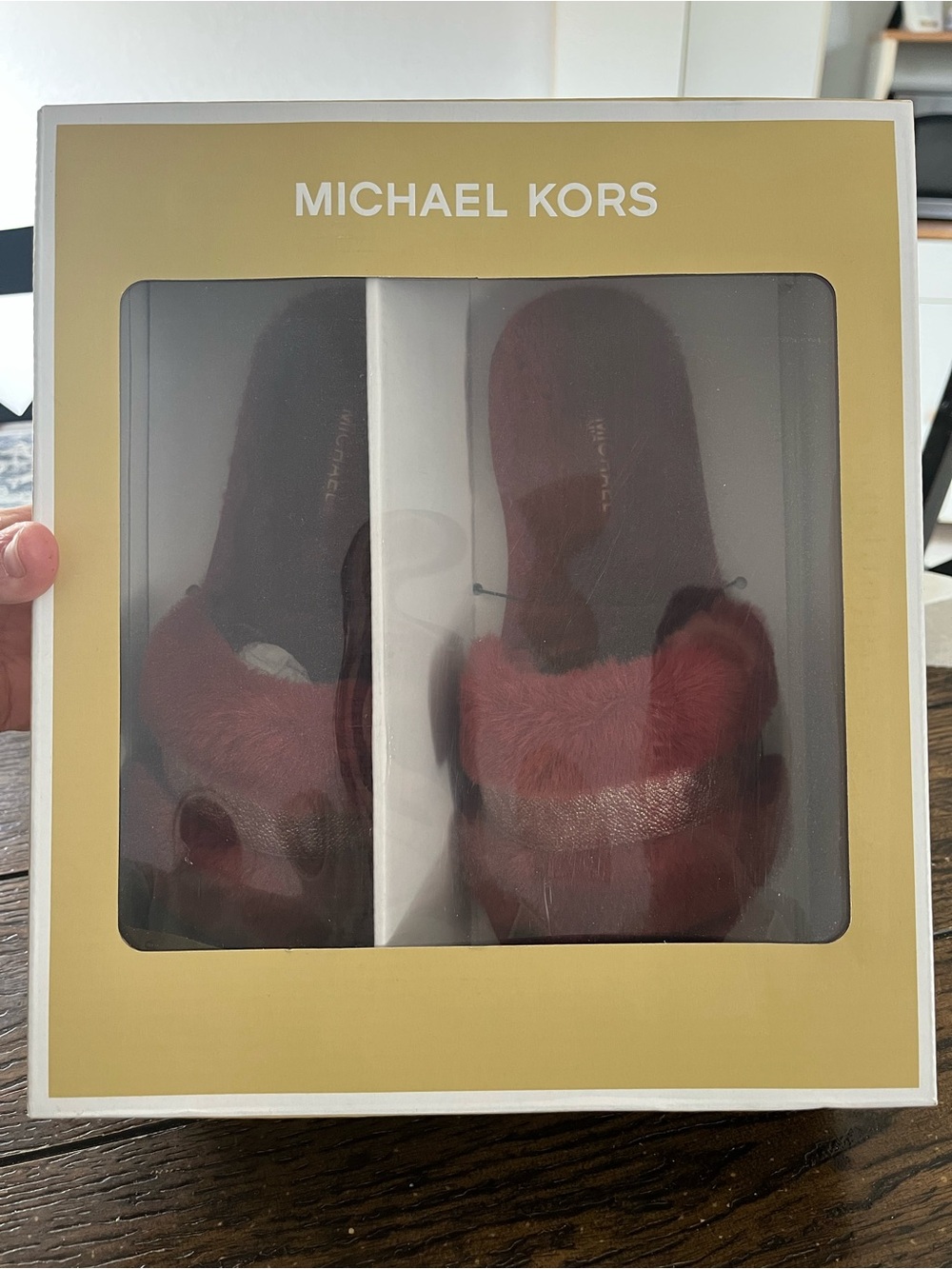 NWT Michael Kors Cherry Faux Fur Alexis Slide